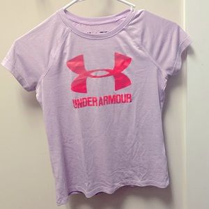 Under Armour kids (girls) workout tee. Purple with pink logo.